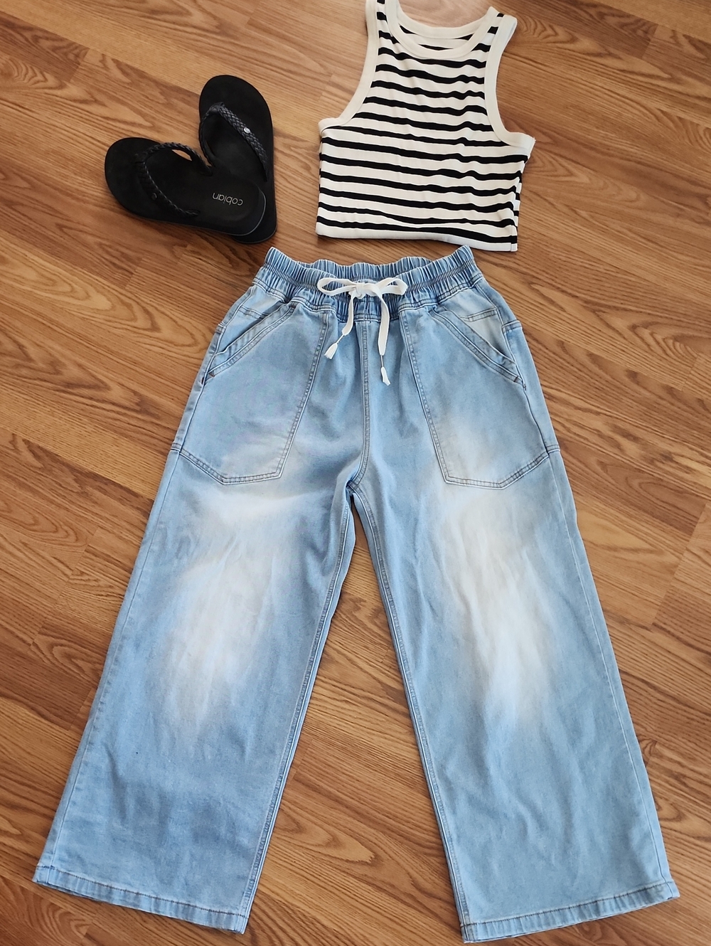 Light Blue Wide Leg Drawstring Women Jeans